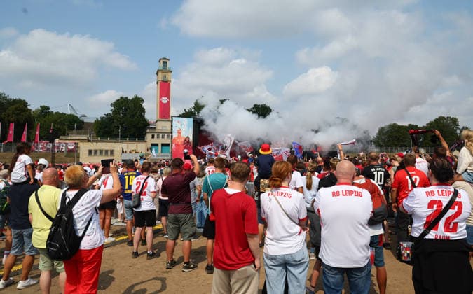 RB Leipzig – Bundesliga Season Opener, Leipzig, August 16, 2026, Festwiese in front of the Red Bull Arena, Soccer, Bundesliga 1, RB Leipzig, Season Opener, Pictured: Season Heat Up 2026 stage, team introductions, fan festival, For editorial use only, Picture Point