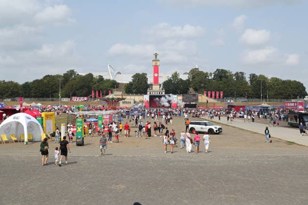RB Leipzig Season Opener Season Heat Up, August 16, 2026: A view of the Festwiese festival grounds. Bundesliga, 2026–2027 season. RB Leipzig s season opener Season Heat Up on August 16, 2026, at the Festwiese next to the Red Bull Arena Copyright: xBEAUTIFULxSPORTS JanxKaeferx