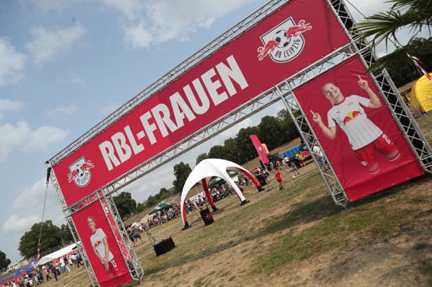 RB Leipzig Season Opener Season Heat Up, August 16, 2026—Banner, advertisement for the RBL Women s team (stock image), Feature: Bundesliga soccer, 2026–2027 season; RB Leipzig’s Season Heat Up season opener on August 16, 2026, at the Festwiese next to the Red Bull Arena Copyright: xBEAUTIFULxSPORTS JanxKaeferx