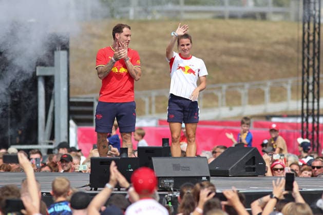 RB Leipzig Season Opener Season Heat Up, August 16, 2026: Team Captains David Raum (No. 22), RB Leipzig, and Sandra Starke (No. 13), RB Leipzig Soccer Bundesliga, 2026–2027 Season Opening: Season Heat Up hosted by RB Leipzig on August 16, 2026, at the Festwiese next to the Red Bull Arena Copyright: xBEAUTIFULxSPORTS JanxKaeferx
