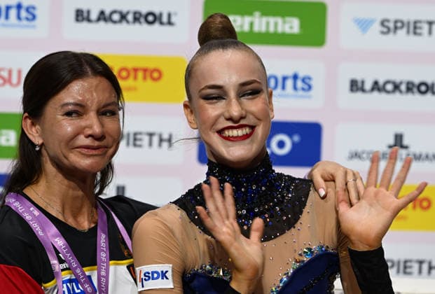 August 16, 2026, xhbx, 2026 Rhythmic Gymnastics World Championships, from left: Coach Julija Raskina, Darja Varfolomeev (Germany), ribbon, Frankfurt am Main