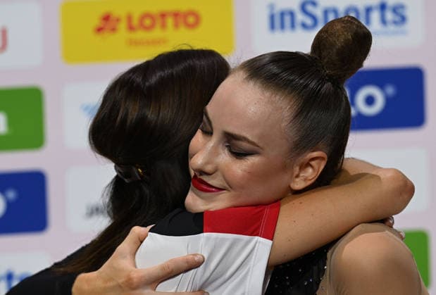 August 16, 2026, xhbx, 2026 Rhythmic Gymnastics World Championships, from left: Coach Julija Raskina, Darja Varfolomeev (Germany), ribbon, Frankfurt am Main