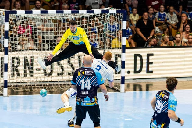August 16, 2026, GER, Handball, Men, Season 26–27, Wartburg Cup presented by Koetter Security, ThSV Eisenach vs. TVB Lemgo Lippe, Matija Spikic (ThSV Eisenach), 1; Nicolai Theilinger (TVB Lemgo Lippe), 99817 Eisenach, Werner Assmann Hall, Am Sportp, Thuringia, Germany