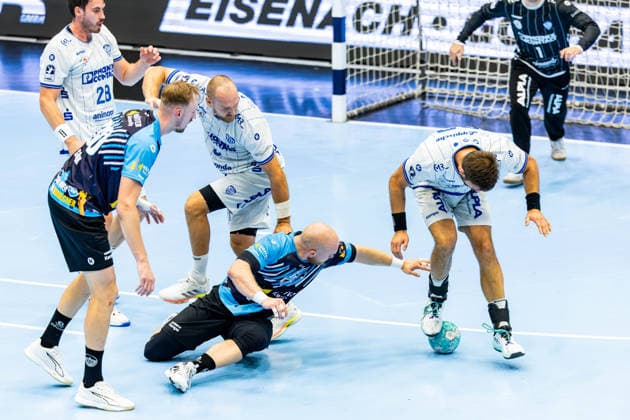 August 16, 2026, GER, Handball, Men, 2026–2027 Season, Wartburg Cup presented by Koetter Security, ThSV Eisenach vs. TBV Lemgo Lippe, Tim Suton (TVB Lemgo Lippe), Peter Walz (ThSV Eisenach), 14 99817 Eisenach, Werner Assmann Hall, Am Sportpark, Thuringia, Germany