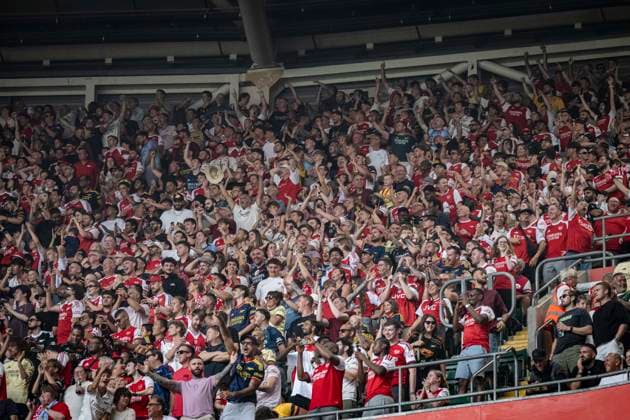 RECORD DATE NOT STATED 16th August 2026; Millennium Stadium, Cardiff, Wales; Community Shield Football, Arsenal versus Manchester City; Arsenal fans celebrate the goal scored by Riccardo Calafiori of Arsenal in the 1st minute to make the score 1-0 GodfreyxPitt