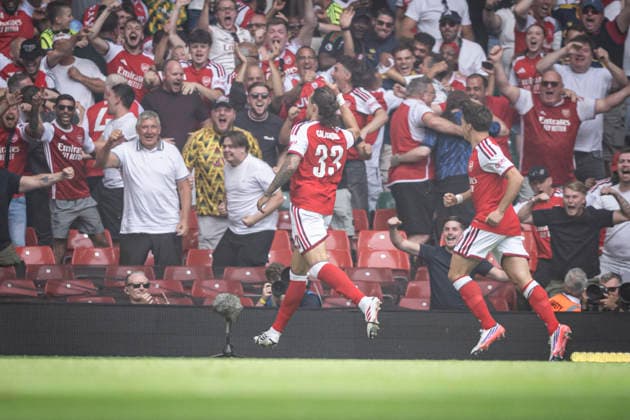RECORD DATE NOT STATED 16th August 2026; Millennium Stadium, Cardiff, Wales; Community Shield Football, Arsenal versus Manchester City; Riccardo Calafiori of Arsenal celebrates after scoring in the 1st minute to make the score 1-0 GodfreyxPitt