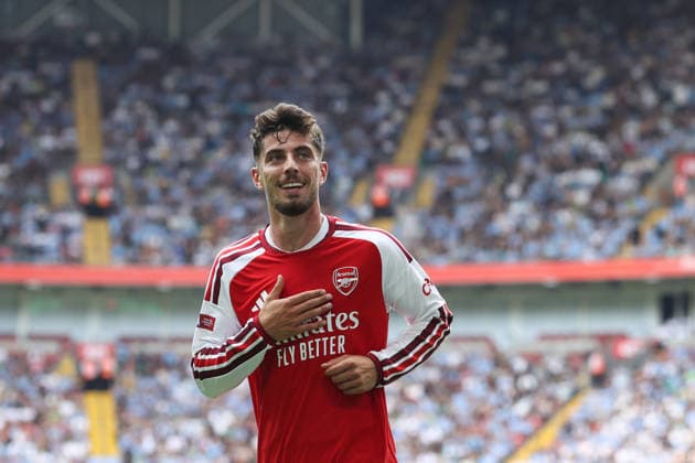 Community Shield 2026 16. August 2026, Cardiff Community Shield 2026 Fußball Arsenal gegen Manchester City Kai Havertz von Arsenal feiert das erste Tor Foto: Mark Leech Abseits Cardiff, Großbritannien  Copyright: xMarkxLeechx xOffsidexOffside