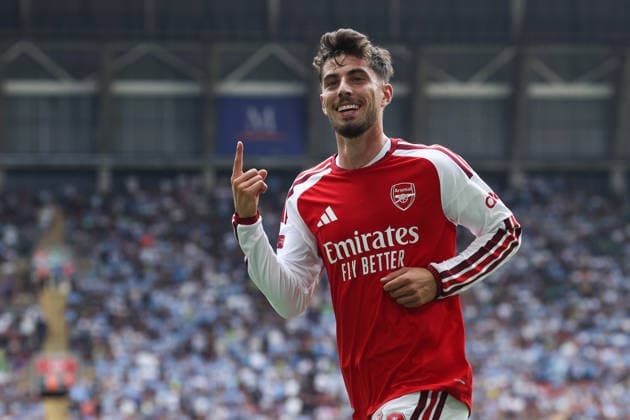 Community Shield 2026 16. August 2026, Cardiff Community Shield 2026 Fußball Arsenal gegen Manchester City Kai Havertz von Arsenal feiert das erste Tor Foto: Mark Leech Abseits Cardiff, Großbritannien  Copyright: xMarkxLeechx xOffsidexOffside