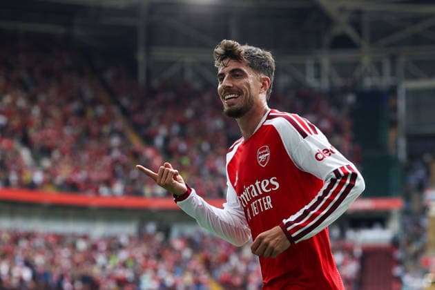 Community Shield 2026 16. August 2026, Cardiff Community Shield 2026 Fußball Arsenal gegen Manchester City Kai Havertz von Arsenal feiert das erste Tor Foto: Mark Leech Abseits Cardiff, Großbritannien  Copyright: xMarkxLeechx xOffsidexOffside