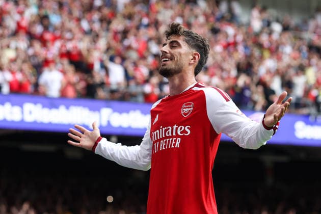 Community Shield 2026 16. August 2026, Cardiff Community Shield 2026 Fußball Arsenal gegen Manchester City Kai Havertz von Arsenal feiert das erste Tor Foto: Mark Leech Abseits Cardiff, Großbritannien  Copyright: xMarkxLeechx xOffsidexOffside