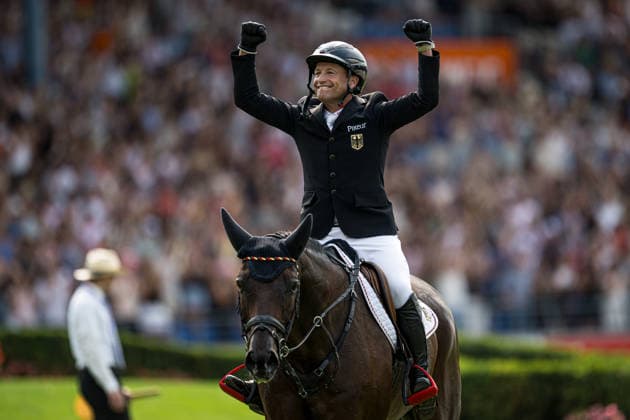 August 16, 2026: Michael Jung of Germany, riding his horse fischerChipmunk, celebrates in the Eventing Show Jumping Final on Day 6 of the 2026 FEI World Championships on August 16, 2026 in Aachen. Photo by Emma Wallskog, BILDBYRAN, code EW EW0687. equestrian sports, riding, 2026 World Championships, 2026 FEI World Championships, BBENG, equestrian sports, World Championships, eventing, celebration  Copyright: EMMAxWALLSKOG BB260816EW039