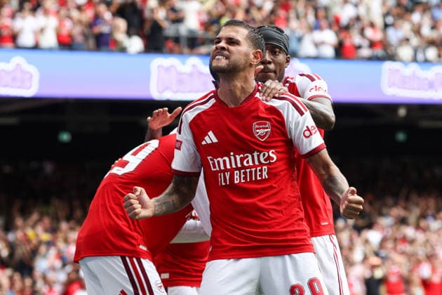 Community Shield 2026 16. August 2026, Cardiff Community Shield 2026 Fußball Arsenal gegen Manchester City Bruno Guimaraes von Arsenal feiert das zweite Tor Foto: Mark Leech Abseits Cardiff, Großbritannien  Copyright: xMarkxLeechx xOffsidexOffside