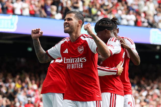 Community Shield 2026 16. August 2026, Cardiff Community Shield 2026 Fußball Arsenal gegen Manchester City Bruno Guimaraes von Arsenal feiert das zweite Tor Foto: Mark Leech Abseits Cardiff, Großbritannien  Copyright: xMarkxLeechx xOffsidexOffside