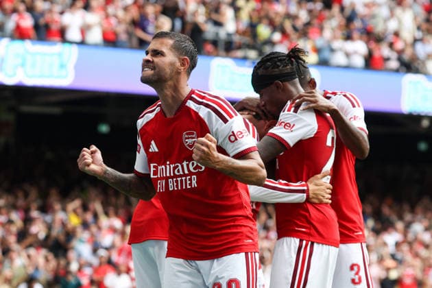 Community Shield 2026 16. August 2026, Cardiff Community Shield 2026 Fußball Arsenal gegen Manchester City Bruno Guimaraes von Arsenal feiert das zweite Tor Foto: Mark Leech Abseits Cardiff, Großbritannien  Copyright: xMarkxLeechx xOffsidexOffside
