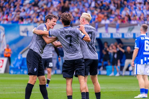Germany 3rd Division, 2026–2027 Season, August 16, 2026, Matchday 2, FC Hansa Rostock vs. Waldhof Mannheim, Ostseestadion. Celebrations after Waldhof Mannheim’s 0–2 goal scored by Rieckmann, Julian Waldhof Mannheim, 21, Thalhammer, Maximilian Waldhof Mannheim, 8, Bierschenk, Lovis Waldhof Mannheim, 7 Copyright: xMichellexLukax