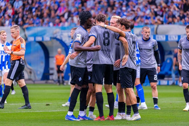 Germany 3rd Division, 2026–2027 Season, August 16, 2026, Matchday 2, FC Hansa Rostock vs. Waldhof Mannheim, Ostseestadion. Celebrations after Waldhof Mannheim’s 0–2 goal scored by Rieckmann, Julian Waldhof Mannheim, 21, Thalhammer, Maximilian Waldhof Mannheim, 8, Bierschenk, Lovis Waldhof Mannheim, 7 Copyright: xMichellexLukax