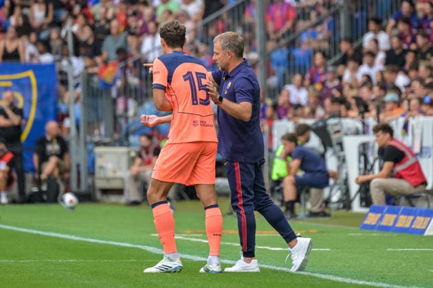 Hansi Flick, FC Barcelona coach, speaks with Andreas Christensen, FC Barcelona, August 15, Germany, FC Basel vs. FC Barcelona, soccer, friendly match, 2026–2027 season, August 16, 2026 GER, FC Basel vs. FC Barcelona, soccer, friendly match, 2026–2027 season, August 16, 2026 Basel Copyright: xEibner-Pressefotox EP_THS