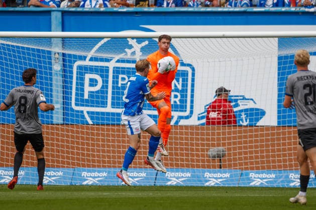 Left: Andreas Voglsammer (Rostock) vs. Jan Niemann (Waldhof GER), FC Hansa Rostock vs. SV Waldhof Mannheim, Soccer, Men, 3rd Division, Matchday 2, 2026–2027 Season, August 16, 2026, Rostock Ostseestadion, Mecklenburg-Western Pomerania, Germany