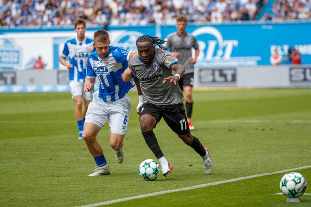 Left: Jonas Dirkner (Rostock) vs. Darnell Keumo (Waldhof), GER; FC Hansa Rostock vs. SV Waldhof Mannheim; Soccer; Men; 3rd Division; Matchday 2; 2026–2027 Season; August 16, 2026, Rostock Ostseestadion, Mecklenburg-Western Pomerania, Germany