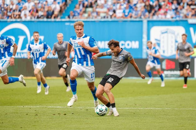 Vincent Thill (Waldhof) vs. Florian Carstens (Rostock) GER, FC Hansa Rostock vs. SV Waldhof Mannheim, Soccer, Men, 3rd Division, Matchday 2, 2026–2027 Season, August 16, 2026, Rostock Ostseestadion, Mecklenburg-Western Pomerania, Germany
