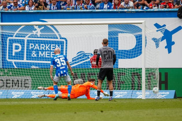 Not pictured: Andreas Voglsammer; Rostock scores here against Jan Niemann and Waldhof to make it 1–2; GER, FC Hansa Rostock vs. SV Waldhof Mannheim, Soccer, Men, 3rd Division, Matchday 2, 2026–2027 season, August 16, 2026, Rostock Ostseestadion, Mecklenburg-Western Pomerania, Germany