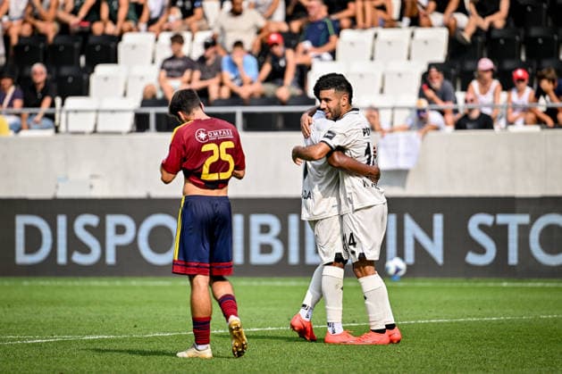 LUGANO, SWITZERLAND, AUGUST 16—Ahmed Kendouci of Lugano (R) celebrates his goal with Dereck Moncada of Lugano (L) during the Swiss Cup match between Vedeggio Calcio and FC Lugano at AIL Arena on August 16, 2026, in Lugano, Switzerland. Lugano, AIL Arena, Ticino, Switzerland Copyright: xJustPictures.ch AndreaxBrancax jp-en-EuSpIm-AB_16082026_4633