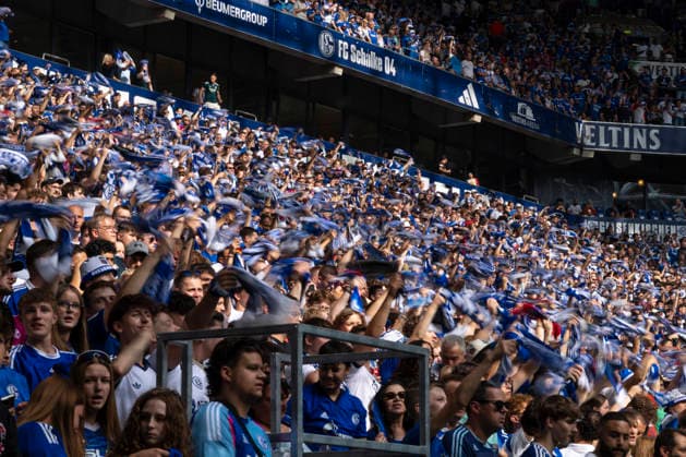 August 15, 2026, Soccer, Friendly Match: FC Schalke 04 vs. Real Madrid CF. Fans in the North Stand wave their scarves. Gelsenkirchen, Veltins Arena, North Rhine-Westphalia, Germany xRHR PHOTO DEx Copyright: DennisxEwert RHR-FOTOx RHR-FOTO DE