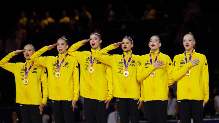 Team Brazil during the national anthem at the medal ceremony for the 5-balls group final at the 2026 Rhythmic Gymnastics World Championships in Frankfurt am Main, Germany, on August 16, 2026 Team Brazil during the national anthem at the medal ceremony for the 5-ball group final at the 2026 Rhythmic Gymnastics World Championships in Frankfurt am Main, Germany, on August 16, 2026 Copyright: HMBxMedia xHeikoxBecker
