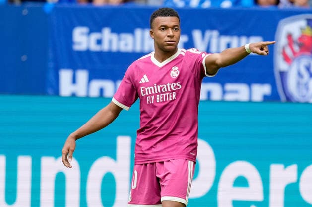 Kylian Mbappé of Real Madrid CF gestures during the preseason friendly match between FC Schalke 04 and Real Madrid at Veltins Arena on August 16, 2026, in Gelsenkirchen, Germany. Photo by Alex Gottschalk, DeFodi Images