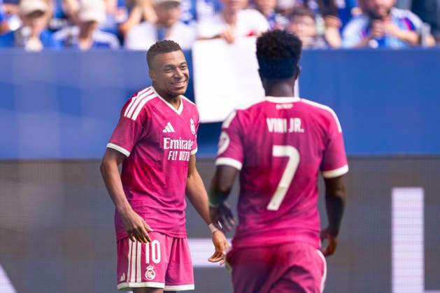 August 15, 2026, Soccer, Friendly Match: FC Schalke 04 vs. Real Madrid CF; Kylian Mbappé of Real Madrid CF celebrates scoring the goal to make it 0–1; Gelsenkirchen, Veltins Arena, North Rhine-Westphalia, Germany; xRHR PHOTO DEx Copyright: DennisxEwert RHR-FOTOx RHR-FOTO DE