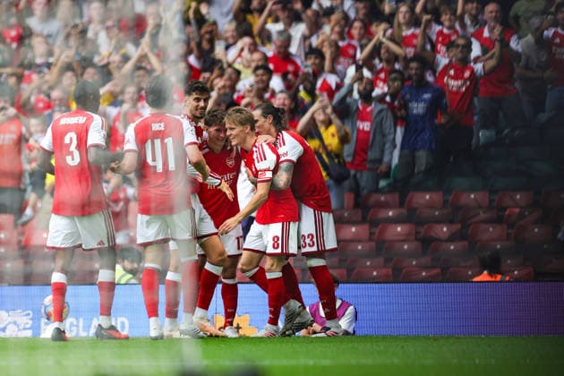 Arsenal v Manchester City, FA Community Shield Goal 3-0 Martin Odegaard (8) of Arsenal scores a goal and celebrates during the FA Community Shield match between Arsenal and Manchester City at Millenium Stadium, Cardiff, UK on 16 August 2026. Editorial use only DataCo restrictions apply See www.football-dataco.com , Copyright: xNigelxKeenex PSI-24687-0035