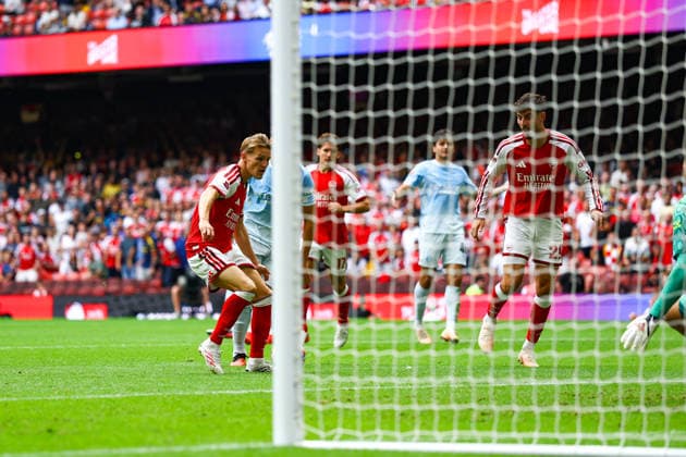 Arsenal v Manchester City, FA Community Shield Goal 3-0 Martin Odegaard (8) of Arsenal scores a goal during the FA Community Shield match between Arsenal and Manchester City at Millenium Stadium, Cardiff, UK on 16 August 2026. Editorial use only DataCo restrictions apply See www.football-dataco.com , Copyright: xNigelxKeenex PSI-24687-0036