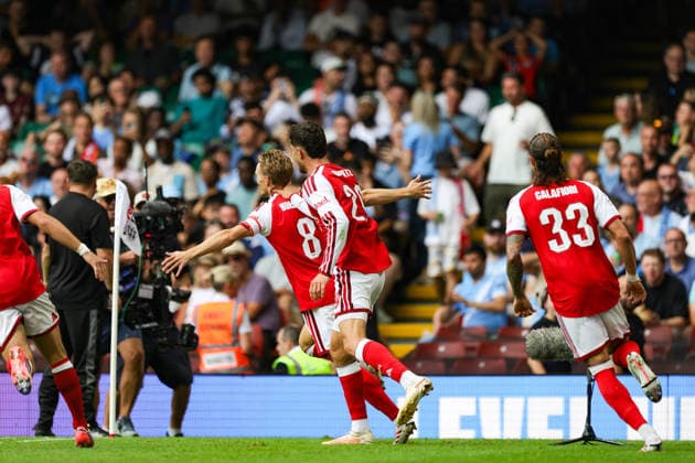 Arsenal v Manchester City, FA Community Shield Goal 3-0 Martin Odegaard (8) of Arsenal scores a goal and celebrates during the FA Community Shield match between Arsenal and Manchester City at Millenium Stadium, Cardiff, UK on 16 August 2026. Editorial use only DataCo restrictions apply See www.football-dataco.com , Copyright: xNigelxKeenex PSI-24687-0037