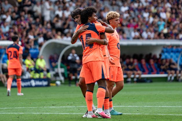 Soccer, Friendly Match: FC Basel 1893 vs. FC Barcelona, Sunday, August 16, 2026, St. Jakob Park, Basel, Switzerland. Celebrations after Karim Adeyemi (14, FC Barcelona) scored to make it 1–0 for FC Barcelona; Marc Bernal (22, FC Barcelona), Fermin (16), FC Barcelona Copyright: xValentinxDomgjonix