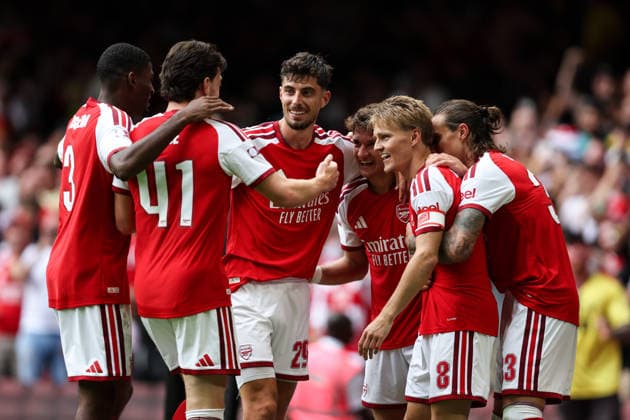 Community Shield 2026 16. August 2026, Cardiff Community Shield 2026 Fußball Arsenal gegen Manchester City Martin Odegaard von Arsenal feiert mit seinen Mannschaftskollegen das dritte Tor Foto: Charlotte Wilson Abseits Cardiff, Großbritannien  Copyright: xCharlottexWilsonx xOffsidexOffside