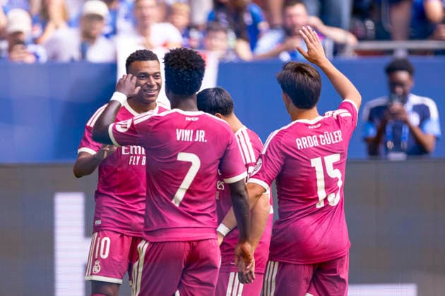 August 15, 2026, Soccer, Friendly Match: FC Schalke 04 vs. Real Madrid CF; Kylian Mbappé of Real Madrid CF celebrates the goal that made the score 0–1; Gelsenkirchen, Veltins Arena, North Rhine-Westphalia, Germany; xRHR PHOTO DEx Copyright: DennisxEwert RHR-FOTOx RHR-FOTO DE