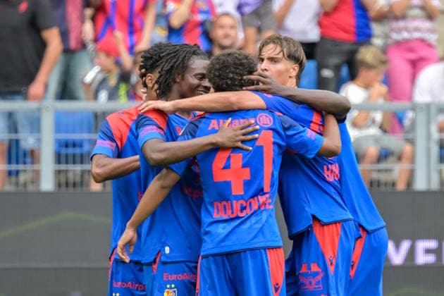 Celebration of Jean Doucoure s goal to tie the score at 1–1, FC Basel, 41 GER, FC Basel vs. FC Barcelona, soccer, friendly match, 2026–2027 season, August 16, 2026 GER, FC Basel vs. FC Barcelona, soccer, friendly match, 2026–2027 season, August 16, 2026 Basel Copyright: xEibner-Pressefotox EP_THS