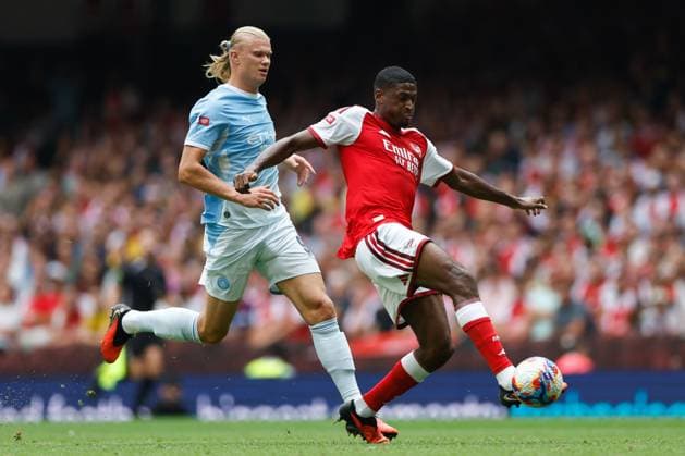 Cristhian Mosquera of Arsenal battles for the ball with Erling Haaland of Manchester City Arsenal v Manchester City, FA Community Shield, Principality Stadium, Cardiff, UK - 16 Aug 2026Cardiff Principality Stadium United Kingdom EDITORIAL USE ONLY No use with unauthorised audio, video, data, fixture lists, club league logos or live services. Online in-match use limited to 120 images, no video emulation. No use in betting, games or single club league player publications. Copyright: xMattxImpey Shutterstockx 17096419cc