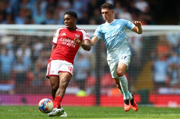 Myles Lewis-Skelly of Arsenal and Phil Foden of Manchester City in action Arsenal v Manchester City, FA Community Shield, Football, Principality Stadium, Cardiff, Wales, UK - 16 Aug 2026Cardiff Principality Stadium Wales United Kingdom EDITORIAL USE ONLY No use with unauthorised audio, video, data, fixture lists, club league logos or live services. Online in-match use limited to 120 images, no video emulation. No use in betting, games or single club league player publications. Copyright: xKieranxMcManus Shutterstockx 17070166ba