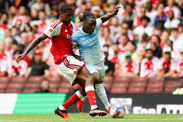 Antoine Semenyo of Manchester City is challenged by Cristhian Mosquera of Arsenal Arsenal v Manchester City, FA Community Shield, Principality Stadium, Cardiff, UK - 16 Aug 2026Cardiff Principality Stadium United Kingdom EDITORIAL USE ONLY No use with unauthorised audio, video, data, fixture lists, club league logos or live services. Online in-match use limited to 120 images, no video emulation. No use in betting, games or single club league player publications. Copyright: xMattxImpey Shutterstockx 17096419dg