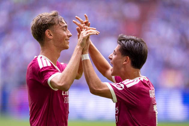 August 15, 2026, Soccer, Friendly Match: FC Schalke 04 vs. Real Madrid CF; Dean Huijsen (Real Madrid CF) and Arda Güler (Real Madrid CF) celebrate the goal that made the score 0–2; Gelsenkirchen, Veltins Arena, North Rhine-Westphalia, Germany; xRHR PHOTO DEx Copyright: DennisxEwert RHR-FOTOx RHR-FOTO DE