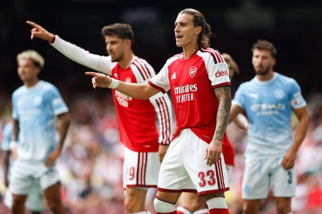 Riccardo Calafiori of Arsenal signals Arsenal v Manchester City, FA Community Shield, Principality Stadium, Cardiff, UK - 16 Aug 2026Cardiff Principality Stadium United Kingdom EDITORIAL USE ONLY No use with unauthorised audio, video, data, fixture lists, club league logos or live services. Online in-match use limited to 120 images, no video emulation. No use in betting, games or single club league player publications. Copyright: xMattxImpey Shutterstockx 17096419cv