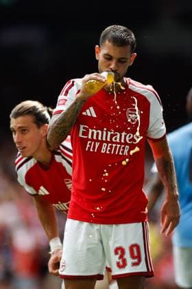 Bruno Guimaraes of Arsenal takes a drink Arsenal v Manchester City, FA Community Shield, Principality Stadium, Cardiff, UK - 16 Aug 2026Cardiff Principality Stadium United Kingdom EDITORIAL USE ONLY No use with unauthorised audio, video, data, fixture lists, club league logos or live services. Online in-match use limited to 120 images, no video emulation. No use in betting, games or single club league player publications. Copyright: xMattxImpey Shutterstockx 17096419cq