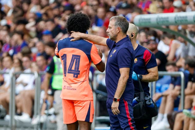 Karim Adeyemi, FC Barcelona, 14, and Hansi Flick, FC Barcelona coach, Switzerland, soccer, friendly match, 2026–2027, FC Basel vs. FC Barcelona, August 16, 2026, St. Jakob Park, Basel, Switzerland Copyright: xGrantxHubbsx