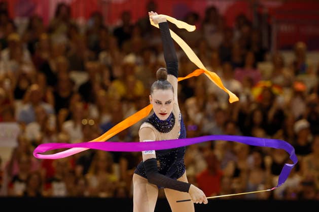 Darja Varfolomeev (GER) with the ribbon in the ribbon final at the 2026 Rhythmic Gymnastics World Championships in Frankfurt am Main, Germany, on August 16, 2026. Varfolomeev wins gold. Darja Varfolomeev (GER) with the ribbon during the ribbon final at the 2026 Rhythmic Gymnastics World Championships in Frankfurt am Main, Germany, on August 16, 2026. Varfolomeev wins gold. Copyright: HMBxMedia xHeikoxBecker