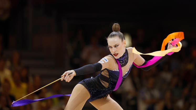 Darja Varfolomeev (GER) with the ribbon in the ribbon final at the 2026 Rhythmic Gymnastics World Championships in Frankfurt am Main, Germany, on August 16, 2026. Varfolomeev wins gold. Darja Varfolomeev (GER) with the ribbon during the ribbon final at the 2026 Rhythmic Gymnastics World Championships in Frankfurt am Main, Germany, on August 16, 2026. Varfolomeev wins gold. Copyright: HMBxMedia xHeikoxBecker