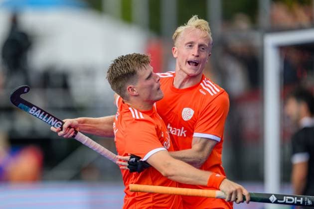 AMSTELVEEN, 16-08-2026, Wagener Stadion, FIH Hockey World Cup 2026 Men, 2026. Koen Bijen and Tjep Hoedemakers celebrating the goal scored during the game Netherlands - New Zealand (men). Netherlands - New Zealand (men)  x205780116x Copyright: