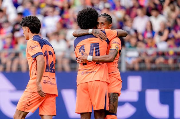 BASEL, SWITZERLAND - AUGUST 16: Raphinha (11 FC Barcelona, Barca , (right), and Andrej Bacanin (Andrej Ba?anin) (14 FC Basel 1893), (left), celebrating after teams first goal scored by Andrej Bacanin (Andrej Ba?anin) (14 FC Basel 1893) during the friendly match between FC Basel 1893 and FC Barcelona at St. Jakob Park Stadium on August 16, 2026 in Basel, Switzerland. Copyright: xPriscilaxBütlerx xSPPx Sportspressphoto_SPR208763
