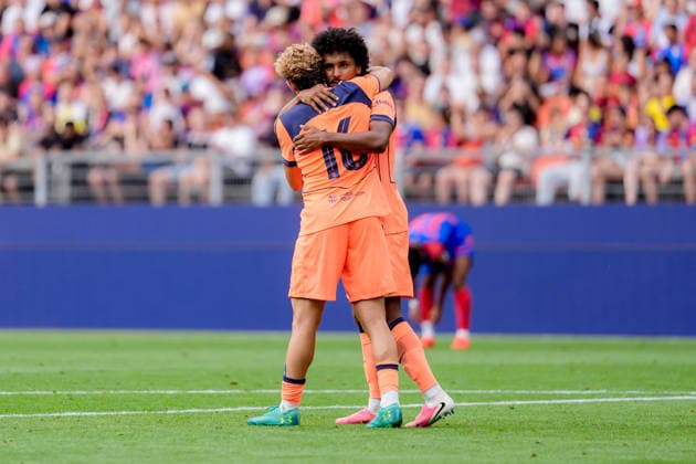 BASEL, SWITZERLAND - AUGUST 16: Karim Adeyemi (14 FC Barcelona, Barca celebrating with team after scoring teams first goal during the friendly match between FC Basel 1893 and FC Barcelona at St. Jakob Park Stadium on August 16, 2026 in Basel, Switzerland. Copyright: xPriscilaxBütlerx xSPPx Sportspressphoto_SPR208764