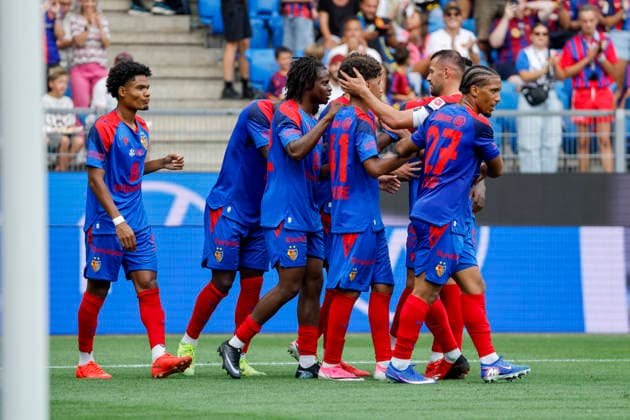 FC Basel celebrates a goal by J. Doucoure, tying the score at 1–1, FC Basel, 41, Switzerland, soccer, friendly match, 2026–2027, FC Basel vs. FC Barcelona, August 16, 2026, Basel, St. Jakob Park, Switzerland Copyright: xGrantxHubbsx